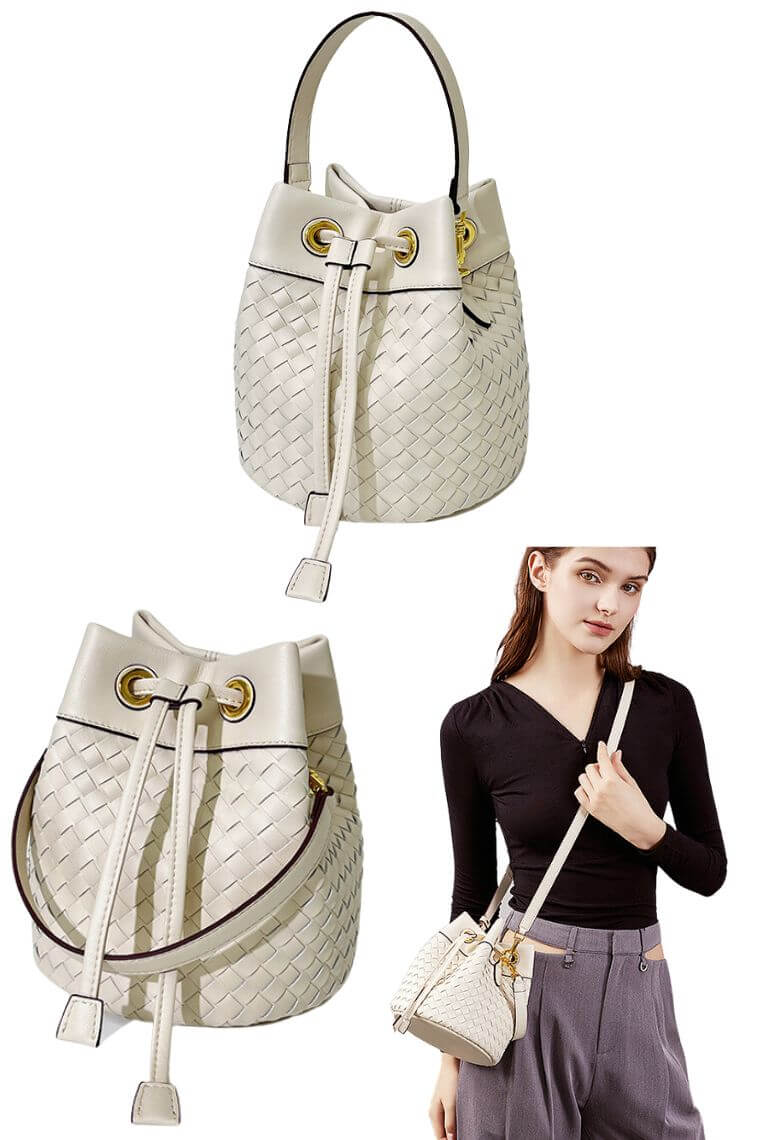 women white leather woven small bucket bag with drawstring closure, top handle & detachable crossbody strap | designer cute mini bucket purse in real leather